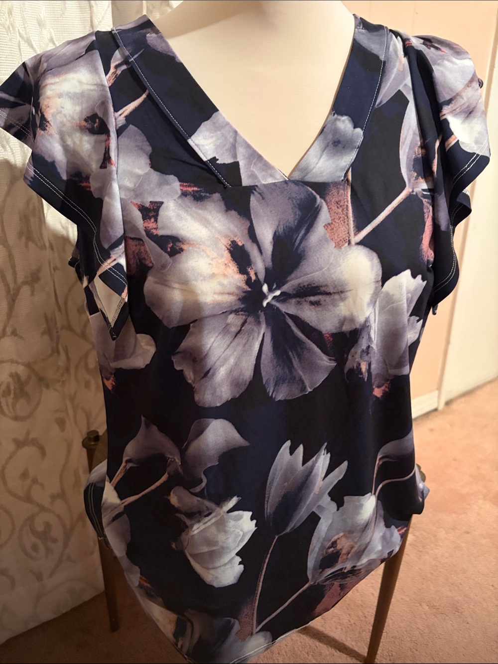 cleo Navy Floral V-Neck Blouse with Soft White and Gray Blooms